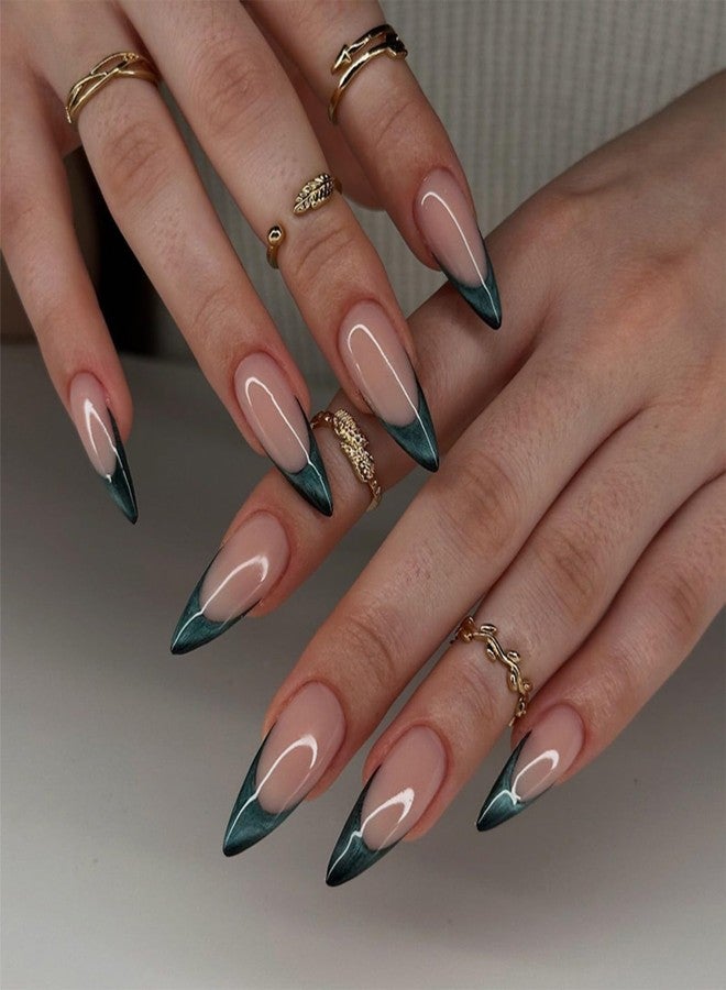 SINHOT Stiletto Press on Nails Long - Dark Green Fake Nails Glossy Glue on Nails French Tip Acrylic Nail Supplies Almond Artificial Nail Art Stick on False Nails with Design DIY 24 pcs - Image 1